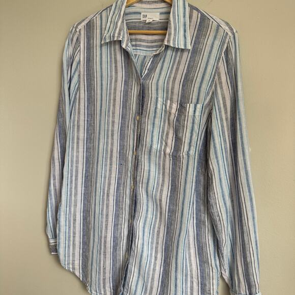 GAP Women's 100% Linen Top Size Small Striped Beachy Coastal Scandi Girl Blue - Picture 7 of 13